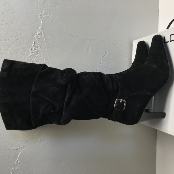 ALDO Black Suede Knee-High Buckle Stiletto Slouch Boots Women's Size 8M - Picture 2 of 12